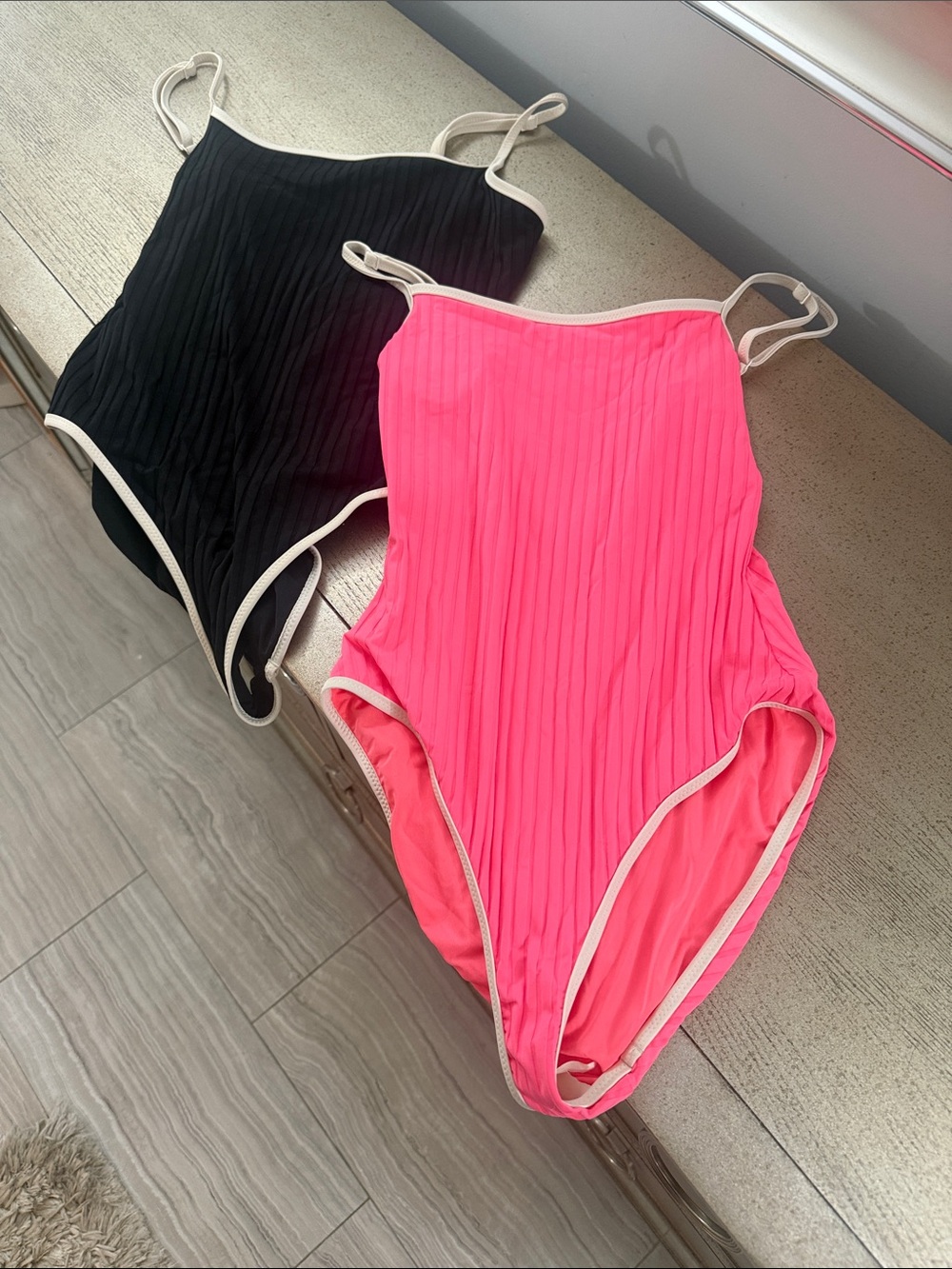 Aerie Ribbed One-Piece Swimsuits - Black & Neon Pink with Cream Trim